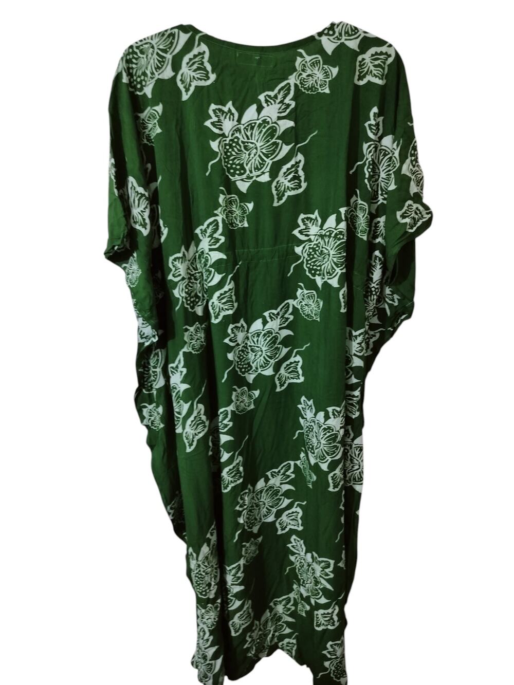 5634)Forest Green Batik Floral Cotton Lounge Coastal Kaftan Maxi Dress One Size